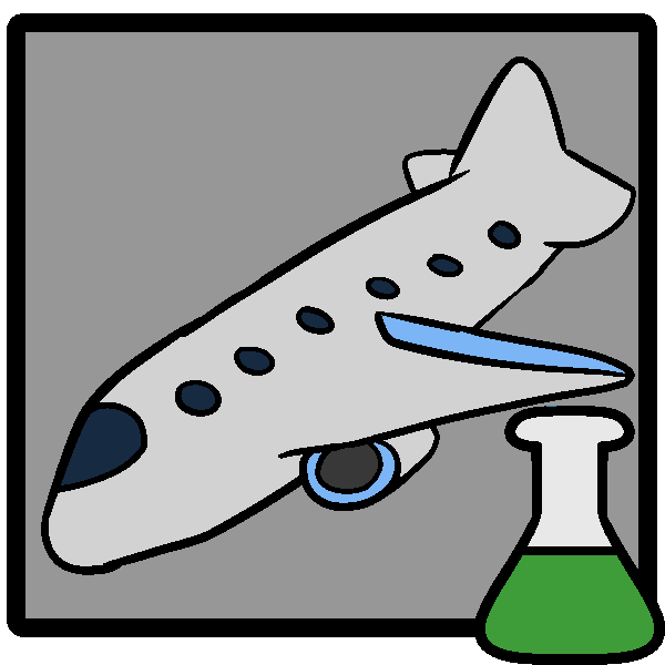 A blue and white jet plane in a frame with a green beaker in the corner.